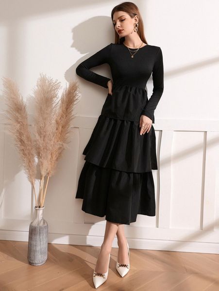 

solid layered hem dress without belt k6um#, Black;gray