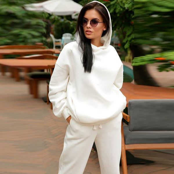 

women's two piece pants vintage solid color hooded two-piece sportswear women pocket pullover & elastic suit ladies casual loose sweats, White