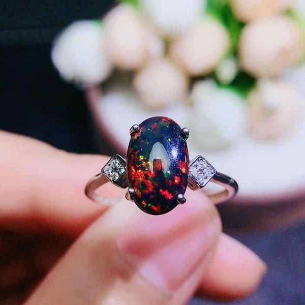 

cluster rings natural and real black opal ring 925 sterling silver for women wedding, Golden;silver