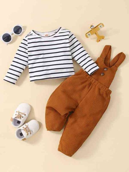 

baby striped tee & fake button overalls she, White