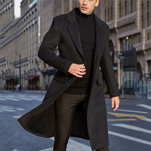 

2021 men's winter coat warm social woolen wool simple male streetwear style koren long trench overcoats jacket z4mq, Black