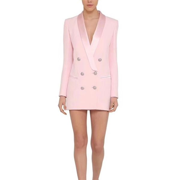 ALTA QUALITÀ est Designer Blazer Jacket Bottoni leone da donna Doppio petto Collo a scialle in raso Lungo Brazer 210930