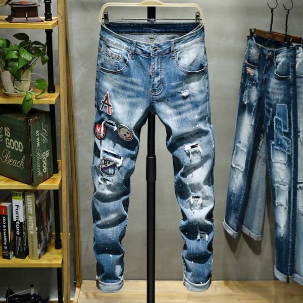 

men's fashion slim fit small feet wash light blue pantswinter