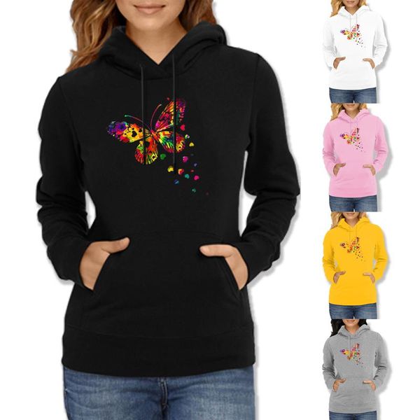

women's hoodies & sweatshirts fashion butterfly print women hooded pockets casual female ladies autumn winter pullovers streetwear, Black