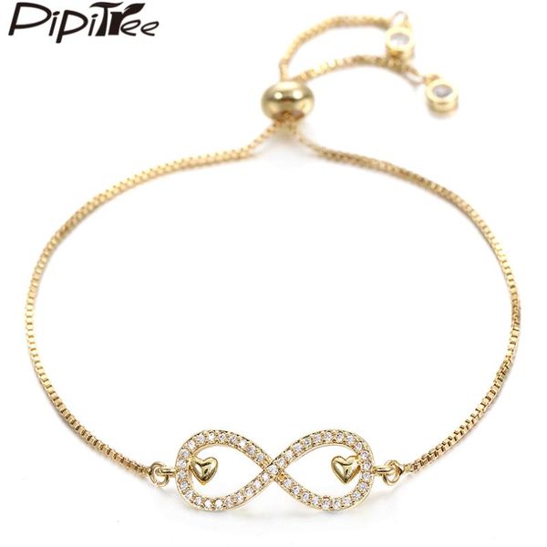 

charm bracelets pipitree copper double mini heart cz infinity couple bracelet love forever adjustable chain wedding bride jewelry, Golden;silver