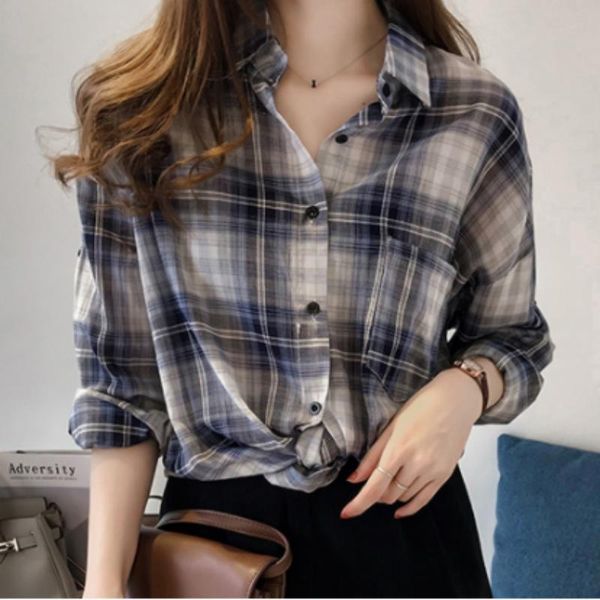 

women's blouses & shirts women blouse shirt casual all-match plaid long sleeve loose lightweight button-up fashion, White
