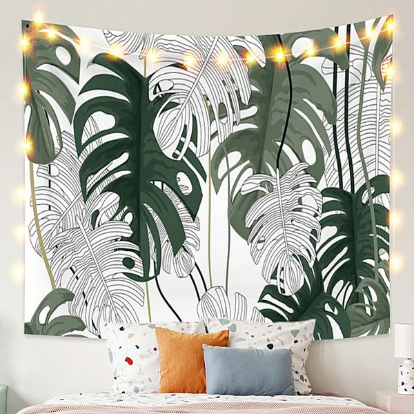 Taquestres prata com folhas verdes Tapestry Vintage Exótico Planta de verão quadro natureza para decoração de parede de pografia de quarto