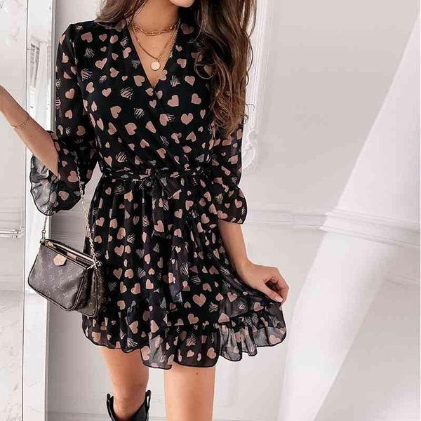 

casual dresses women v neck flared sleeve print spring three quarter office female a line ruffles party vestidos 9z8r, Black;gray