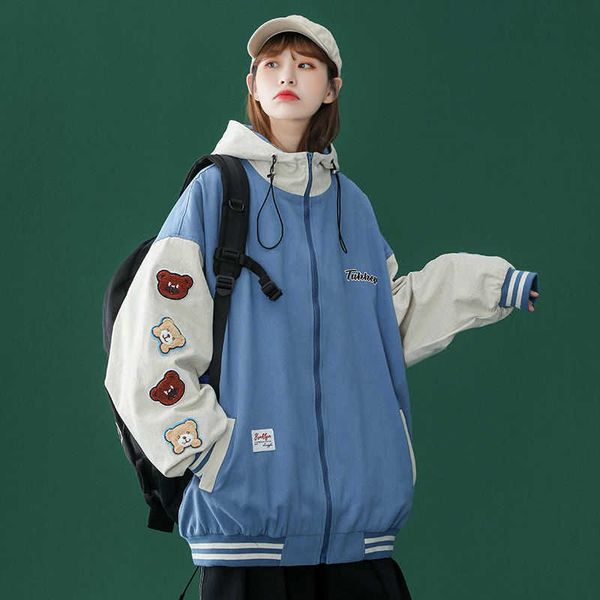 

women's harajuku baseball jacket high school loose zipper vinatge oversized jakcet single breasted long sleeve coat 210531, Black;brown
