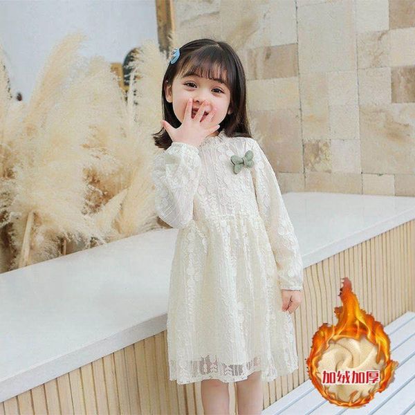 

2021 spring girls long sleeve princess dress 1-9years kids full lace dresses for girls party clothes toddler plush winter dress, Red;yellow