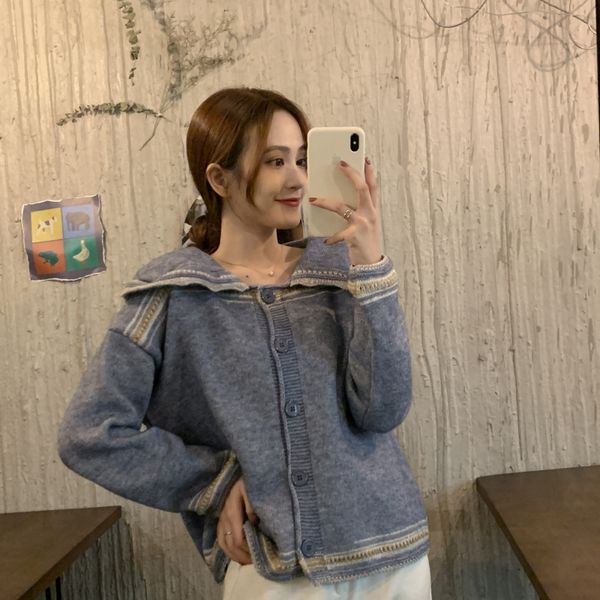 

2021 autumn new style doll collar lace stitching sweater cardigan jacket long sleeve fashion warm e0rz, White;black