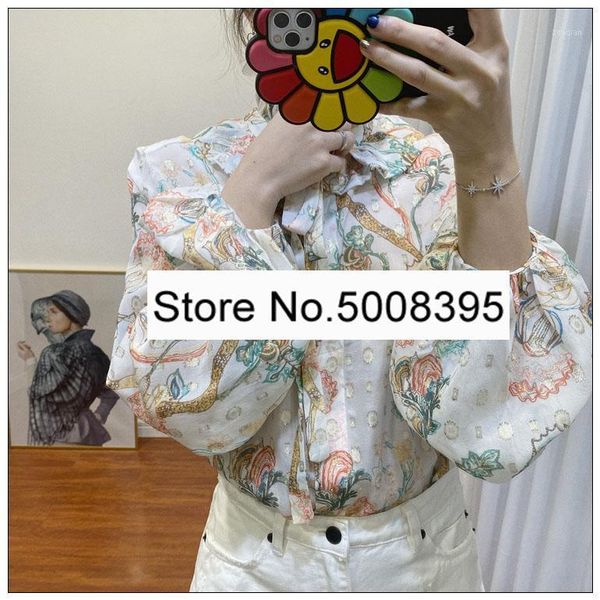 

[elfstyle] - 2021ss silk printed blouse ruffled collar tied long sleeves metallic lurex detail fashion oversized women's blouses & shi, White
