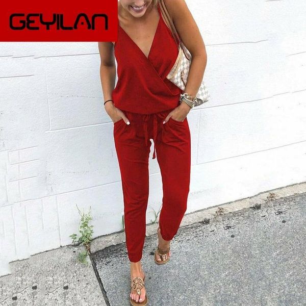 

women's jumpsuits & rompers 2021 casual women ladies summer holiday long playsuit v-neck backless pant beach sleeveless romper, Black;white