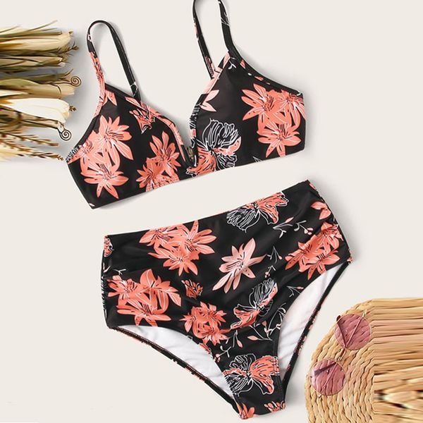 

3pieces/lot women new fashion print bikini set split backless bikini push-up padded bra soft comfortable swimsuit, Red;black