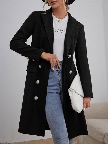 

double breasted lapel collar overcoat u6g4#, Black