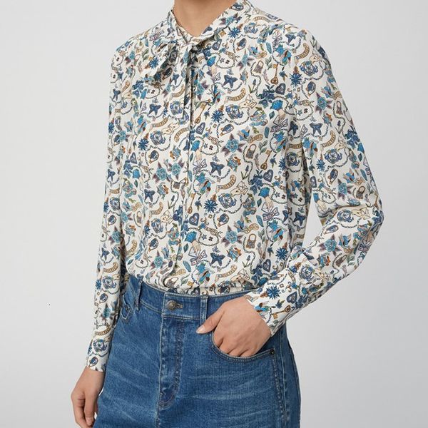 

2021 new blusa de seda feminina manga comprida lao impresso retro primavera vero senhora camisa nova bszy, Black