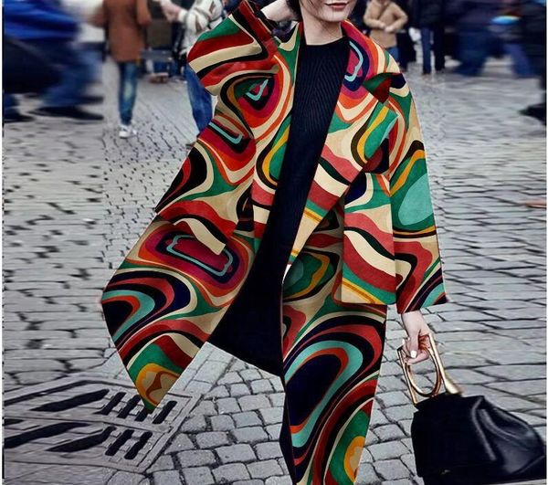 

women's trench coats spring winter colorful striped print coat for women 2021 fashion long loose overcoat sleeve open stitch, Tan;black
