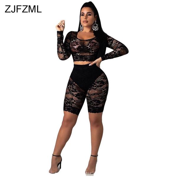 

women's two piece pants zjfzml 2 women matching sets long sleeve crop and biker shorts black white lace see through club outfits