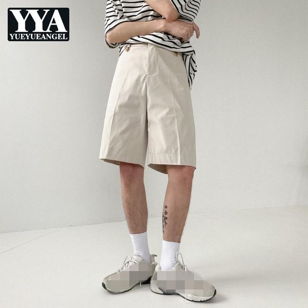 

men's shorts males summer loose knee-length suit solid mens fashion casual korean style straight button decoration khaki, White;black