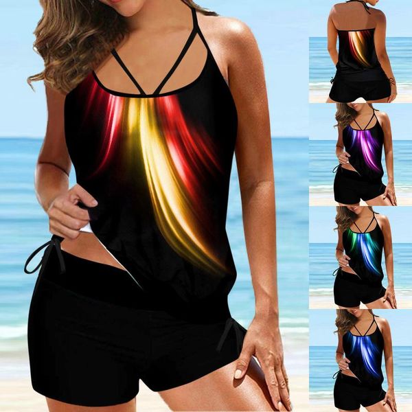 

women's swimwear summer tankini large bikini set digital print suspender beach split swimsuit bathing suit plus size s-2xl, White;black