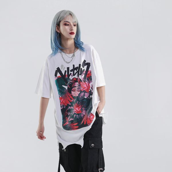 

2021 new ripped holes tees japanese cartoon graphic women goth clothes harajuku shirts streetwear sunmer 2hve, White