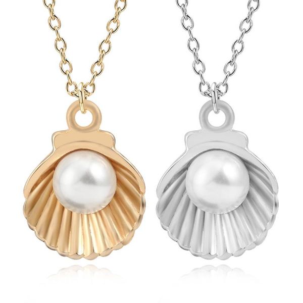 

pendant necklaces fashion beach pearl shell necklace charming women's wedding gold color clavicle chain elegant lady party jewelry gift, Silver