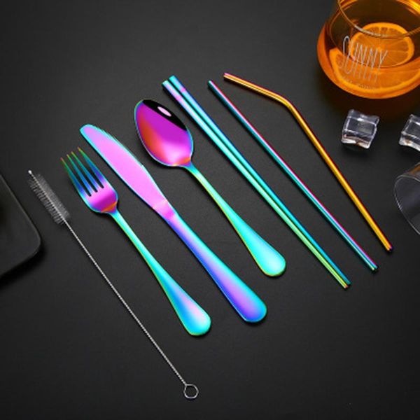 

dinnerware set travel camping cutlery set reusable silverware with metal straw spoon fork chopsticks and portable case