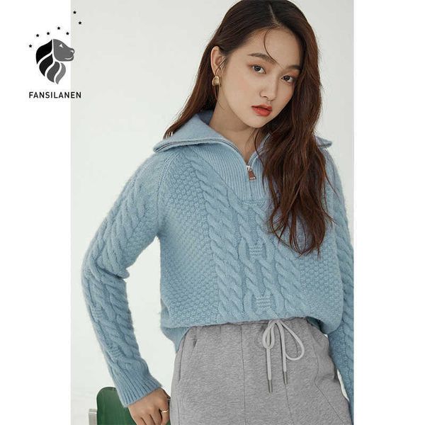 

fansilanen twist elegant blue knitted sweater women turndown collar zipper vintage pullover autumn winter casual female jumper 210607, White;black