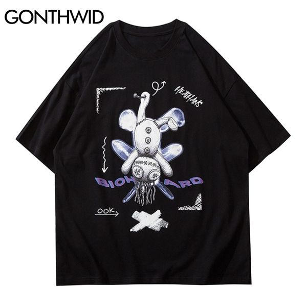 

t-shirts streetwear casual men distressed bear print short sleeve tshirts harajuku hip hop cotton loose tees shirt 210602, White;black