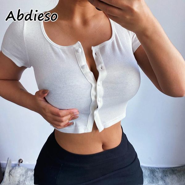 

women's t-shirt abdieso ribbed short sleeve summer t shirts women white 2021 button up skinny casual crop fashion streetwear femme