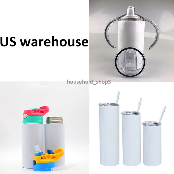 

us warehouse 12-30oz sublimation straight tumbler sippy cup flipped lid 2 in 1 kid bottles blanks stainless steel water bottle double-wall v