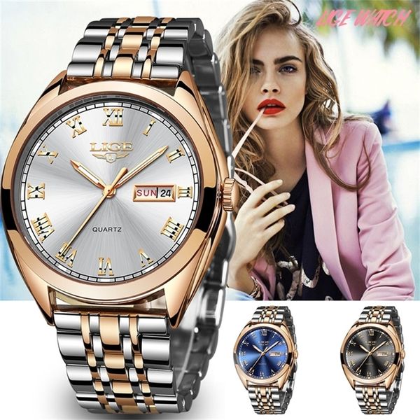 

lige fashion watches ladies brand luxury waterproof gold quartz watch women stainless steel date wear gift clock 201218, Slivery;brown