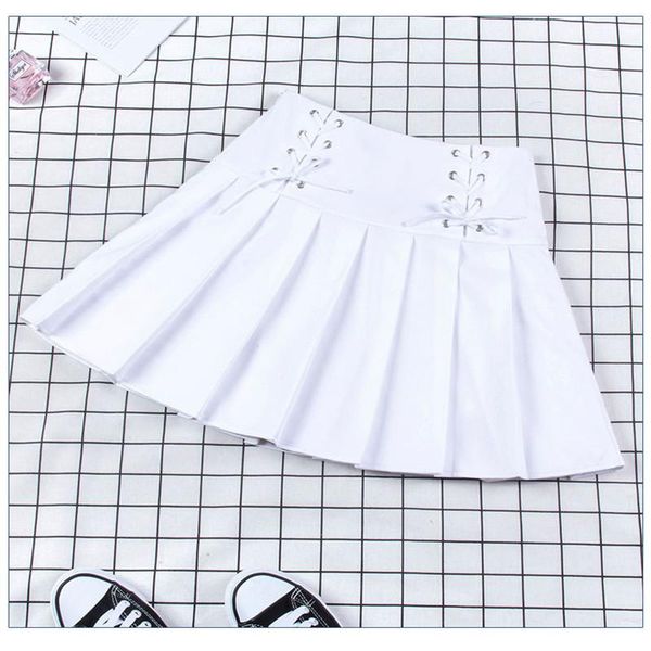 

skirts focal20 streetwear solid color plaid print pleated women skirt lace up female bottom a line summer lady bottoms, Black