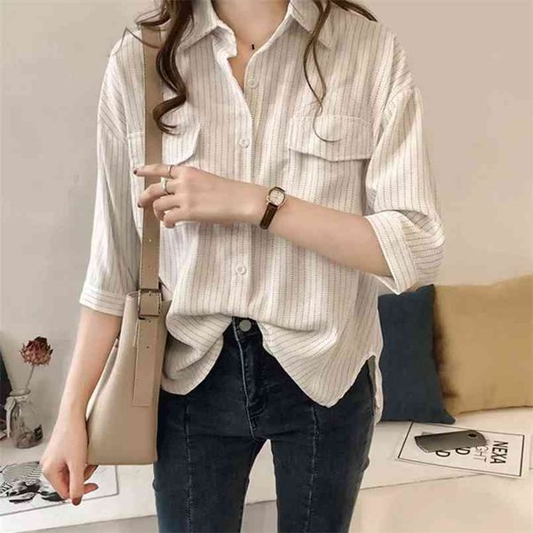 

tunic shirt women half sleeve blouse lapel striped casual blouses autumn female blusas #56 210730, White