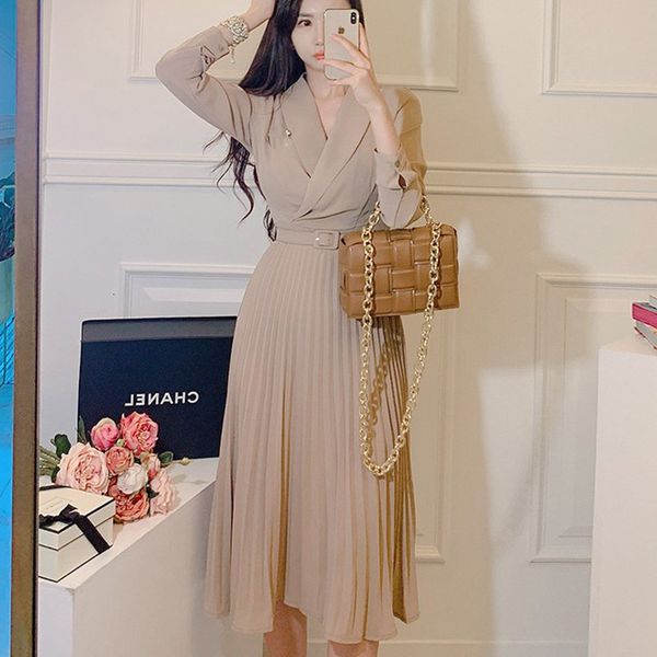 

2021 new elegant notched collar women midi long sleeve belted female pleated dress a-line vestidos sjaa, Black;gray