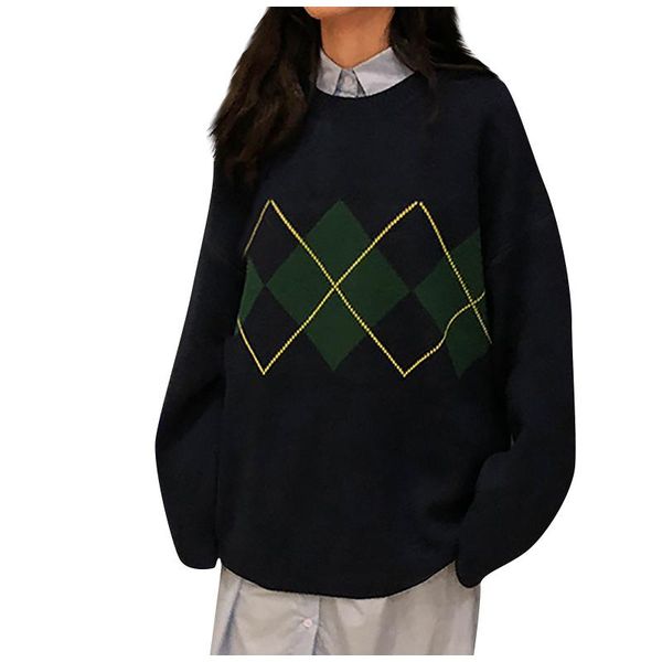 

women's knits & tees 2021 women warm sweater herbst winter innenhof stil geometrisches muster lose rundhals strick pullover comfortable, White