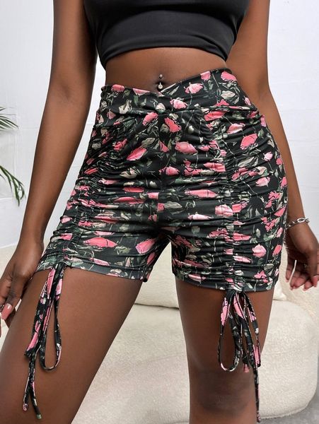

floral print ruched asymmetric waist drawstring biker shorts j3lz#, Black