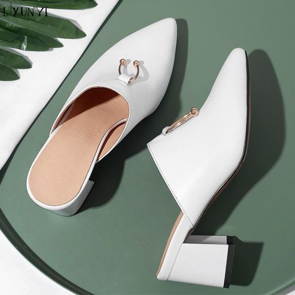 

slippers lxunyi 2021 summer mules metal decoration med high heels square real cow leather women shoes solid sandals female, Black