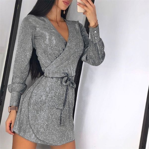 

new woman slim v-neck sequined a-line women's solid color long-sleeved 2021 spring es for women party 1fws, Black;gray