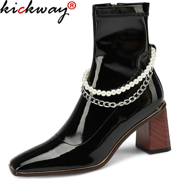 

boots kickway 2021 autumn winter women ankle fashion concise patent leather pearls chains thick heels platforms shoes woman, Black