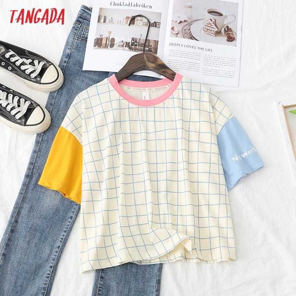 

tangada women plaid emboridery t shirt short sleeve o neck tees ladies casual tee shirt street wear bao50 210609, White