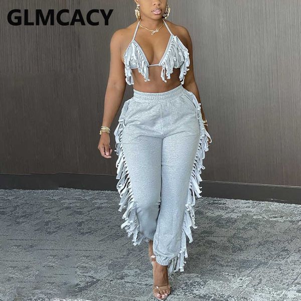 

two piece fringed tassels suits halter bra & casual pants set 210702, White