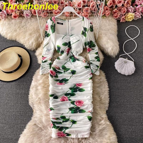 

casual dresses ruched stretch women midi sheath spring summer dress 2021 bodycon square collar rose floral print elegant party, Black;gray