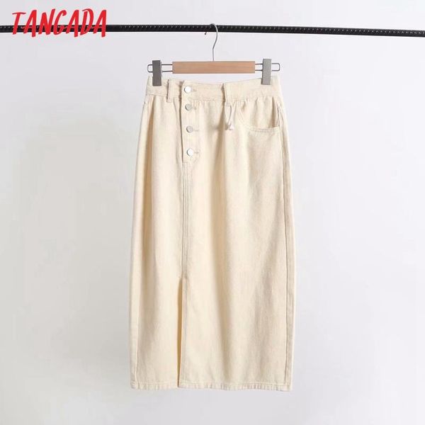 

tangada women side open beige denim midi skirt faldas mujer vintage office ladies elegant chic mid calf skirts 7b2, Black