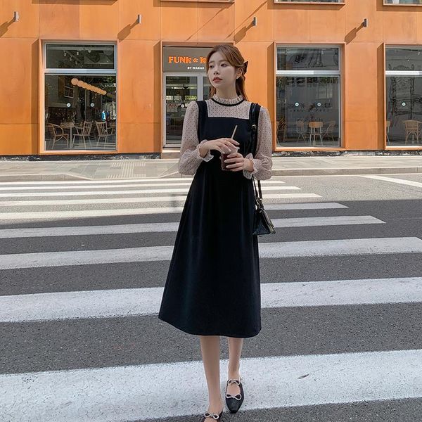 

casual dresses 2021 autumn/winter style korean fashion polka dot printing chiffon stitching fake two-piece mid-length little black dress, Black;gray