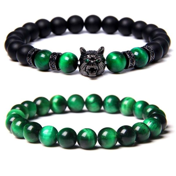 

beaded, strands 2pcs handmade 8mm beaded bracelet men natural stone blue tiger eye beads black wolf head charm energy jewelry