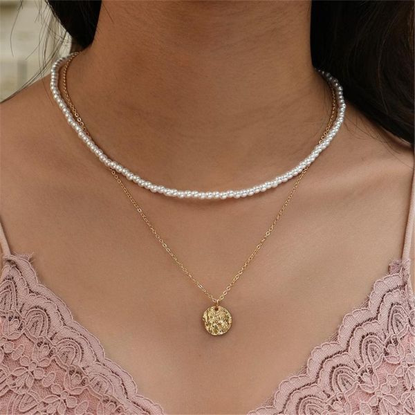 

pendant necklaces fashion multilevel artificial pearl geometric gold texture coin necklace for women boho vintage choker chain jewelry, Silver