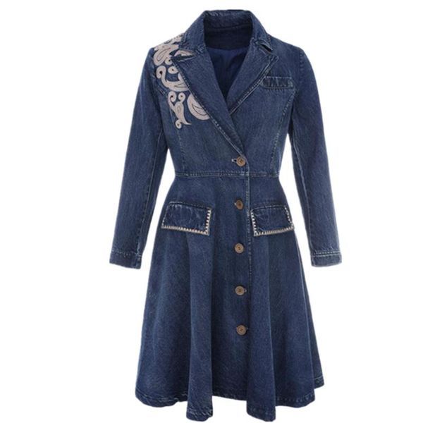 

women's trench coats arrival spring autumn denim coat women embroidered double breasted slim windbreaker, Tan;black