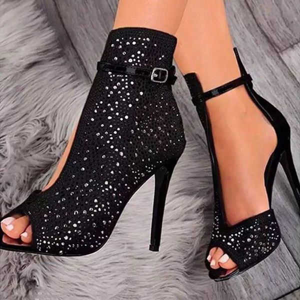 

sandals 2021 women crystal peep toe ankle straps buckle transparent high cover heel pumps ladies party shoes size 35-43, Black