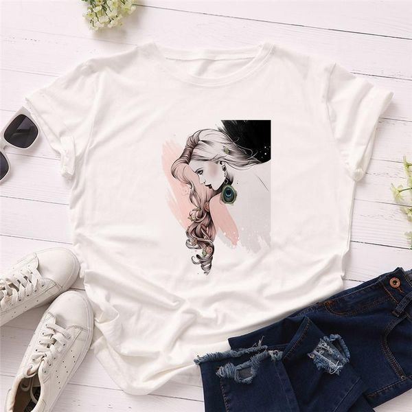 

fashion women t shirts summer short sleeve casual polyester aesthetics t-shirts print vogue tees girls clothes, White